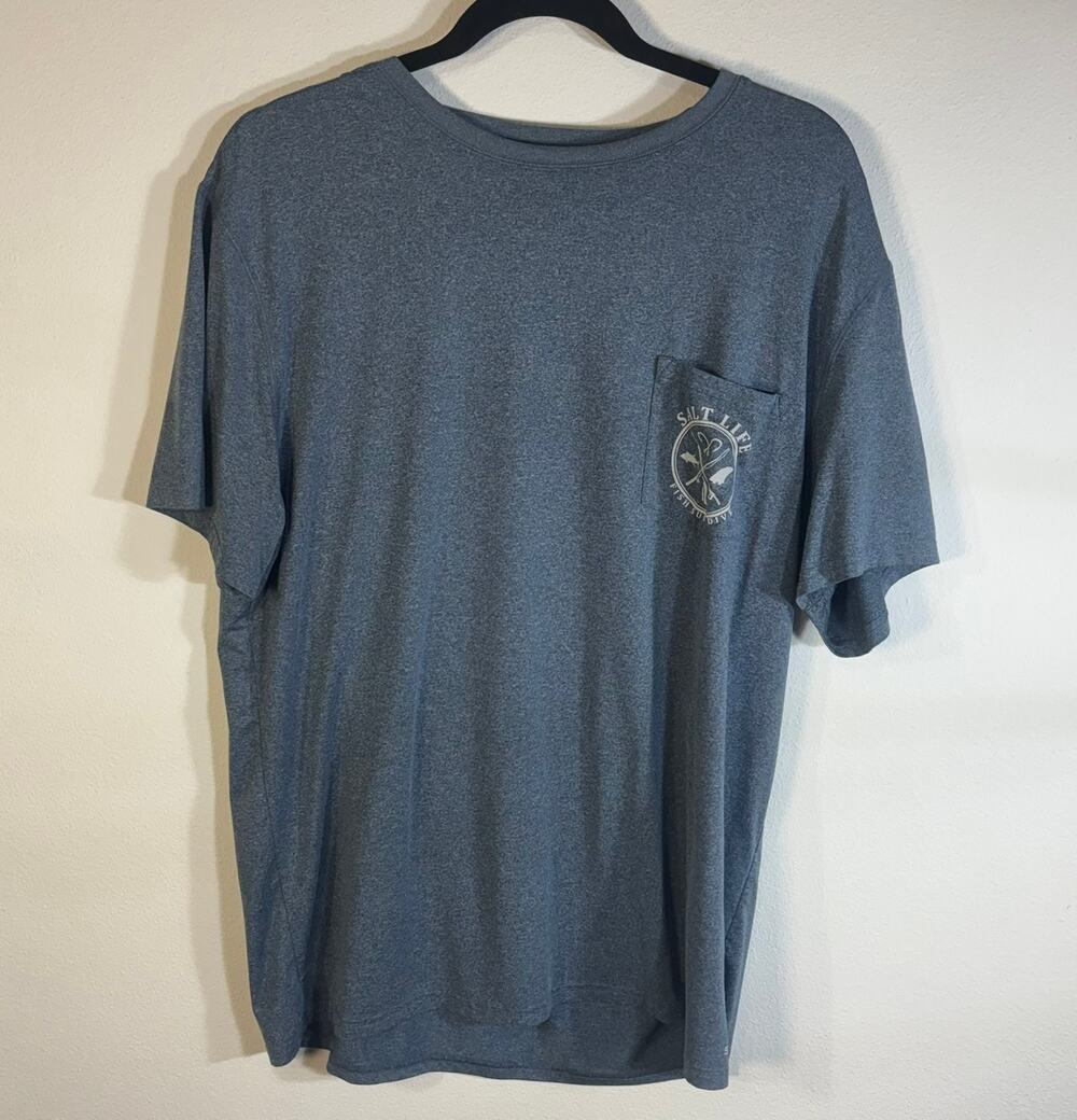 Salt Life Mens Blue Fish Surf Dive Performance Pocket T Shirt Short Sleeve